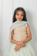 Round Neck sea green Top And Floral Applique Embroidered Lehenga - Kirti Agarwal