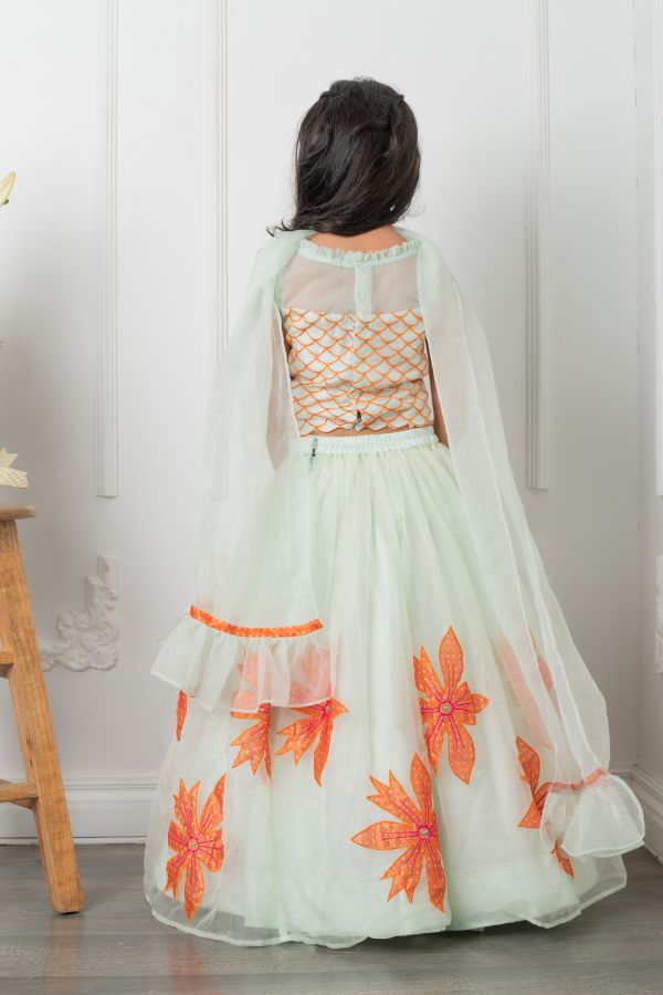 Round Neck sea green Top And Floral Applique Embroidered Lehenga - Kirti Agarwal