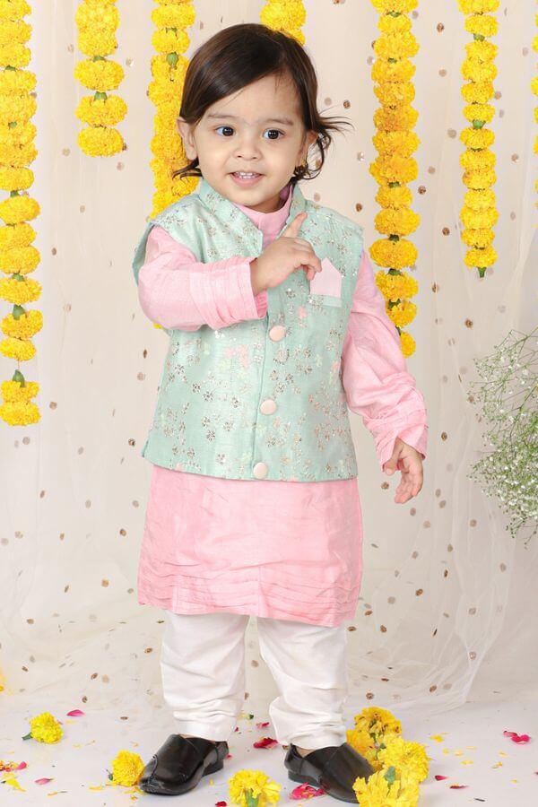 Sequin Work Jacket With Pink Kurta And Pyjama. - Kirti Agarwal
