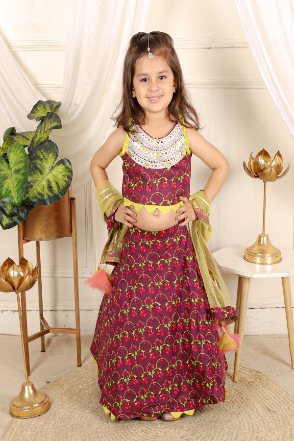 Sleeveless abla work cotton top with cotton printed Lahenga - Kirti Agarwal