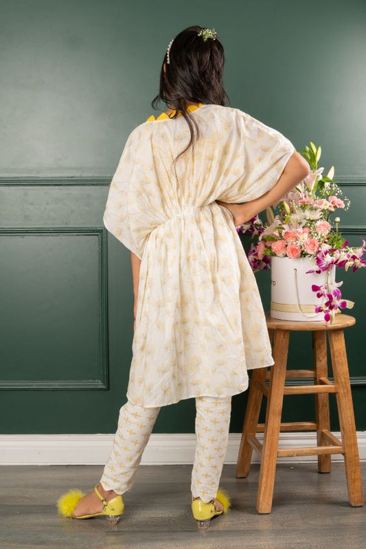 Spaghetti Straps Top And Bird Embroidered Tie Up white Jacket And Scalloped Hem Pant - Kirti Agarwal