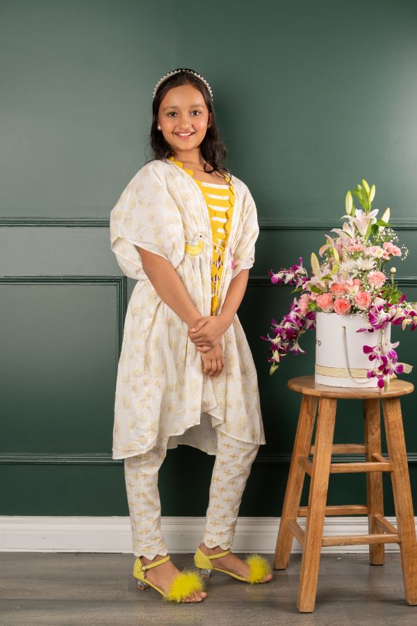 Spaghetti Straps Top And Bird Embroidered Tie Up white Jacket And Scalloped Hem Pant - Kirti Agarwal