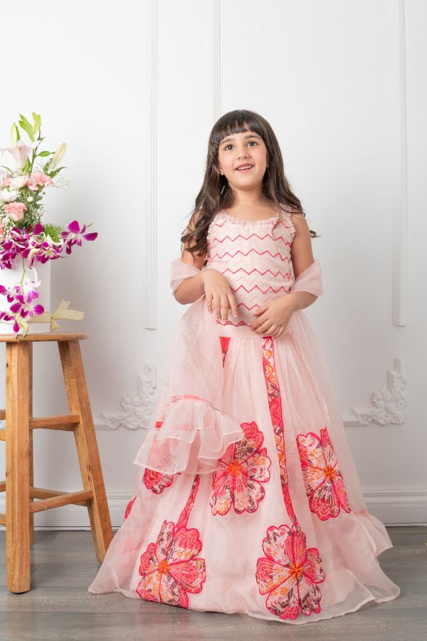 Square Neck pink Top And Floral Applique Embroidered Lehenga - Kirti Agarwal