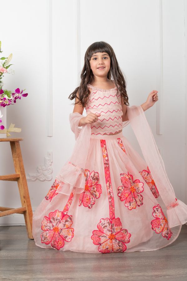 Square Neck pink Top And Floral Applique Embroidered Lehenga - Kirti Agarwal