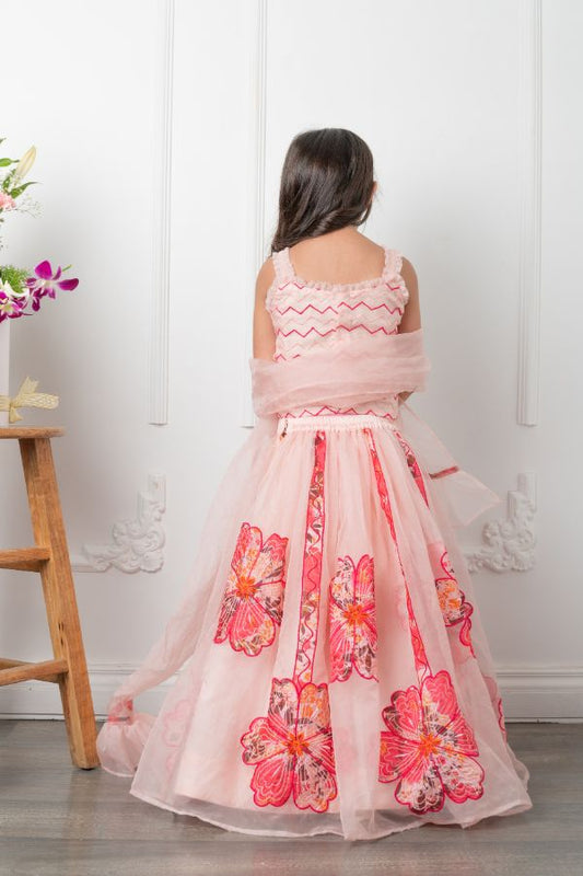Square Neck pink Top And Floral Applique Embroidered Lehenga - Kirti Agarwal