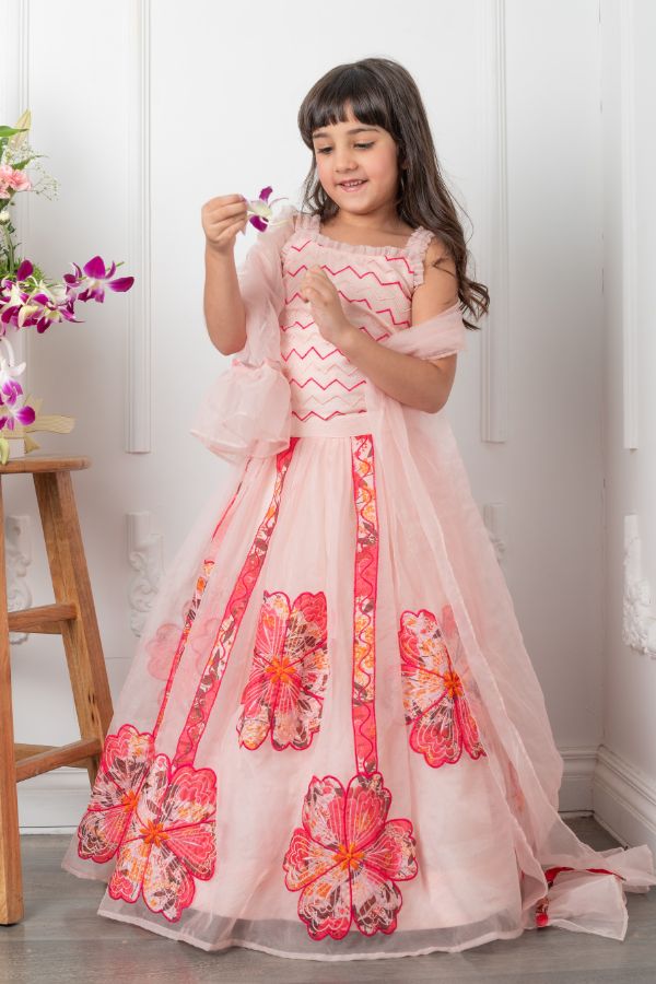 Square Neck pink Top And Floral Applique Embroidered Lehenga - Kirti Agarwal