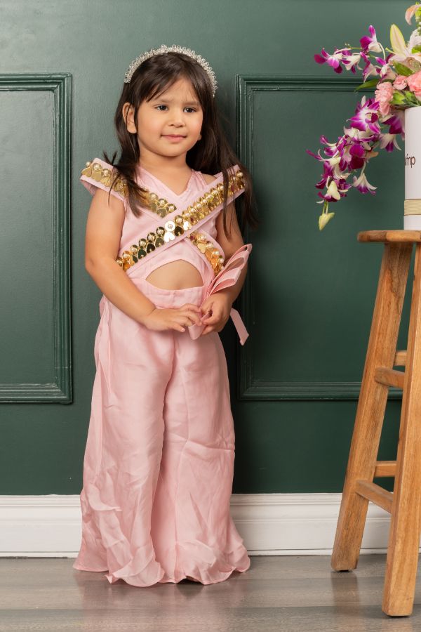 Stylish heart shaped Mirror Work pastelpink Jumpsuit - Kirti Agarwal