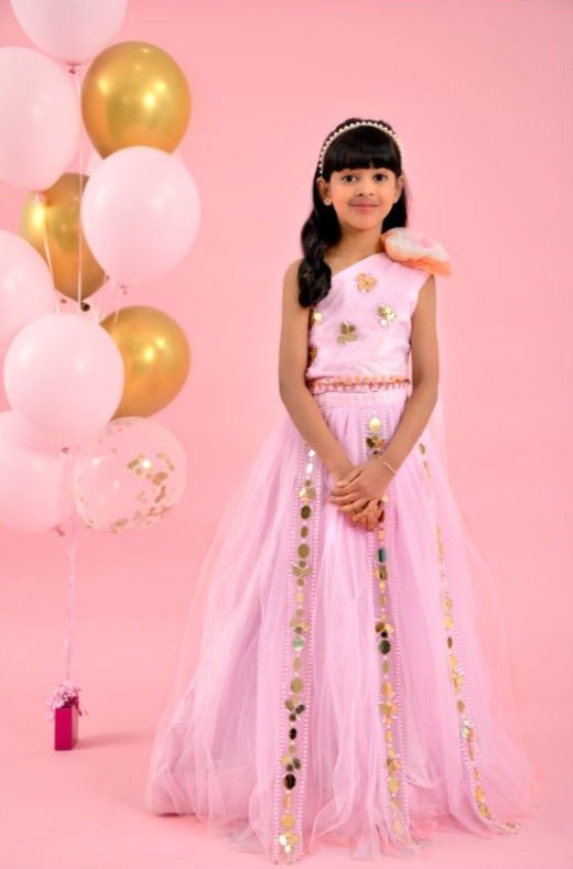 Stylish One Shoulder Mirror Work Lavender Top And Lehenga - Kirti Agarwal