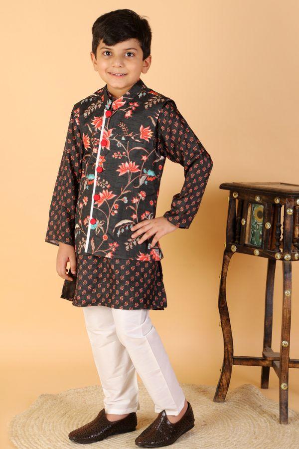 Sweet Cherry Printed Black Kurta With Floral Jacket And Pyjama - Kirti Agarwal