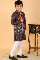 Sweet Cherry Printed Black Kurta With Floral Jacket And Pyjama - Kirti Agarwal