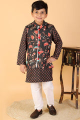 Sweet Cherry Printed Black Kurta With Floral Jacket And Pyjama - Kirti Agarwal
