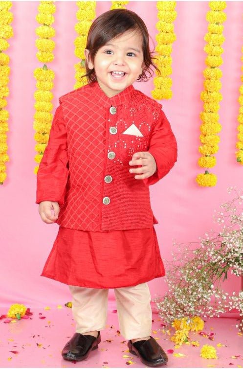 Thread And Sequins Embroidered Red Jacket And Kurta With Pyjama - Kirti Agarwal