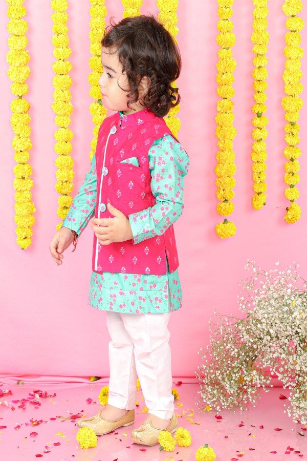 Tiny Flower Printed Kurta With Thread And Sequin Embroidery Jacket And Pyjama - Kirti Agarwal