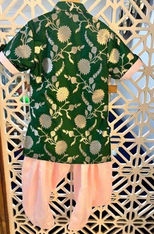 Upturned Sleeves Green Floral Brocade Asymmetric Kurta With Patiala - Kirti Agarwal