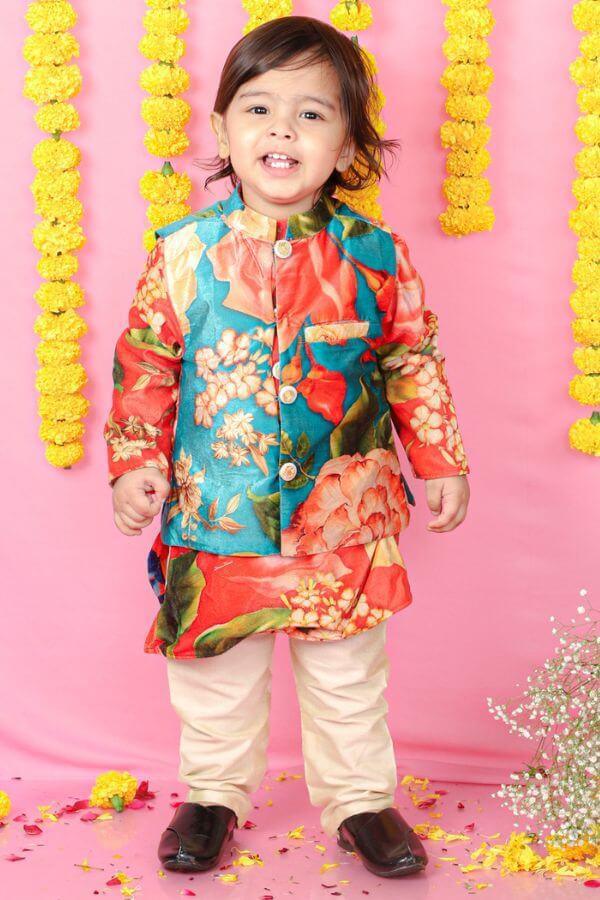 Velvet Floral Printed Orange Kurta With Green Velvet Jacket And Pyjama - Kirti Agarwal
