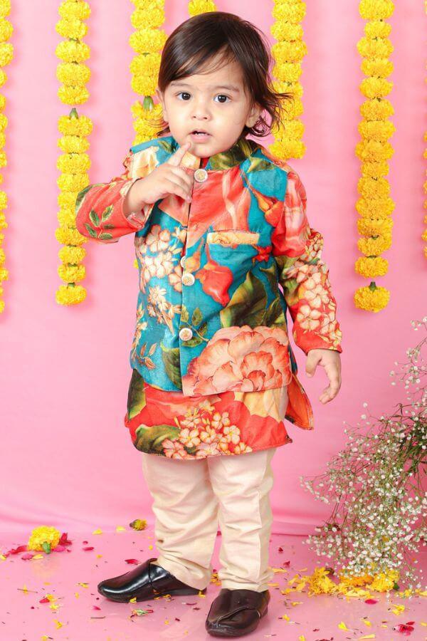 Velvet Floral Printed Orange Kurta With Green Velvet Jacket And Pyjama - Kirti Agarwal