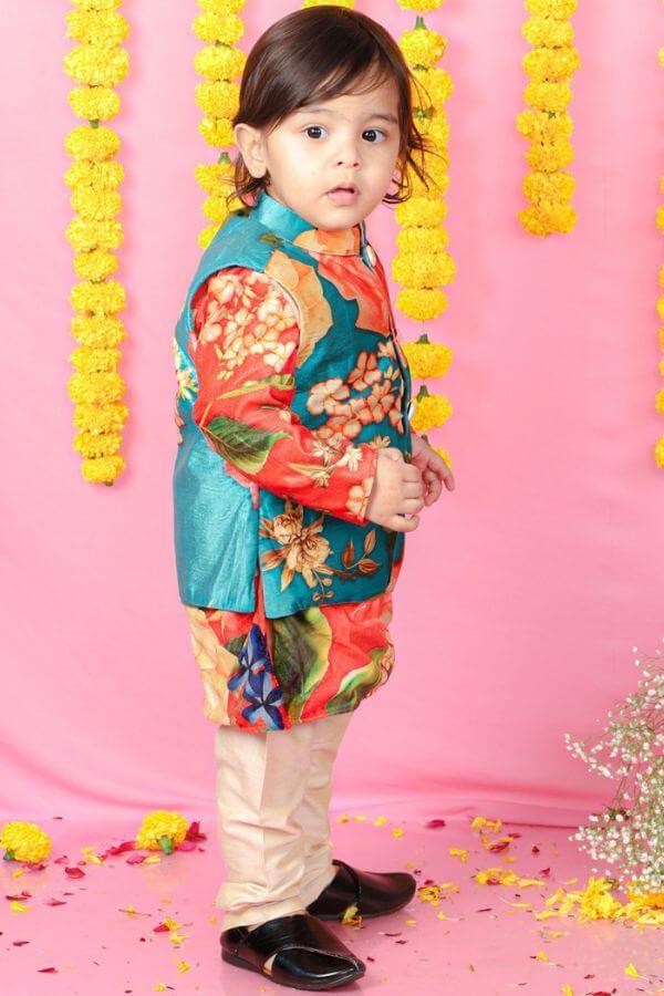 Velvet Floral Printed Orange Kurta With Green Velvet Jacket And Pyjama - Kirti Agarwal
