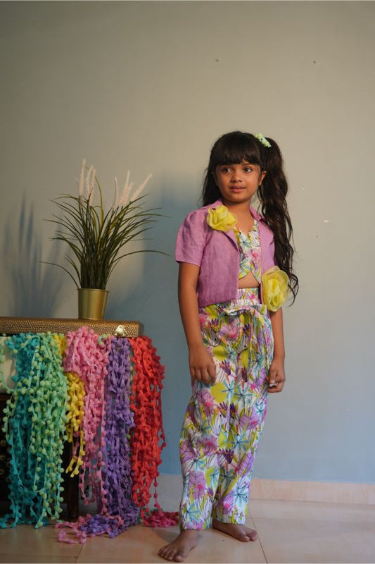 White Print Crop Top with Lavender Jacket and Pants - Kirti Agarwal