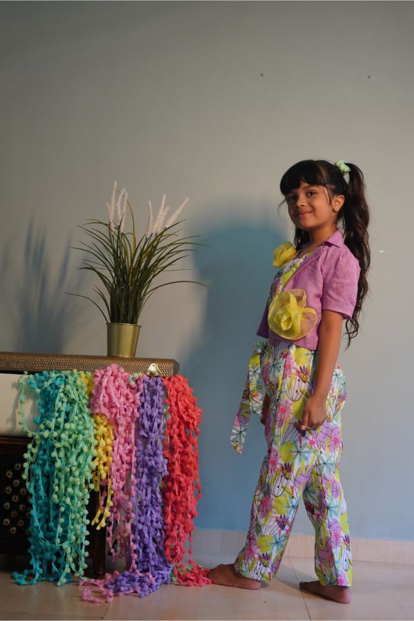 White Print Crop Top with Lavender Jacket and Pants - Kirti Agarwal