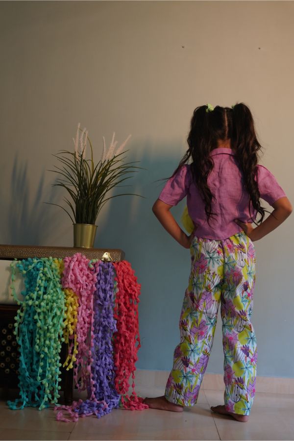 White Print Crop Top with Lavender Jacket and Pants - Kirti Agarwal