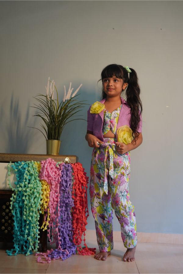 White Print Crop Top with Lavender Jacket and Pants - Kirti Agarwal