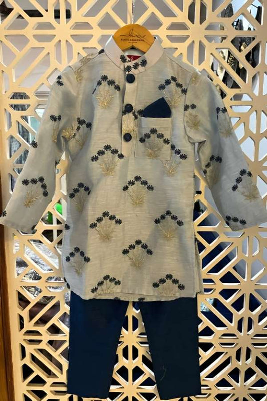 White Zari Embroidered Kurta And Navy Blue Pyjama - Kirti Agarwal