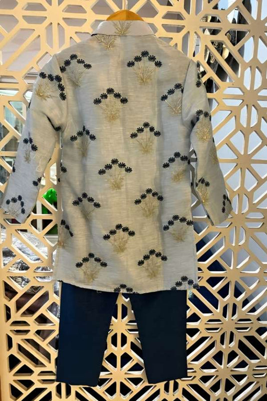 White Zari Embroidered Kurta And Navy Blue Pyjama - Kirti Agarwal