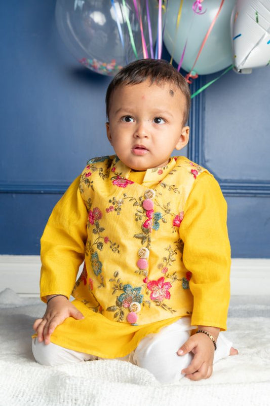Yellow Embroidered jacket with kurta and chudidar - Kirti Agarwal
