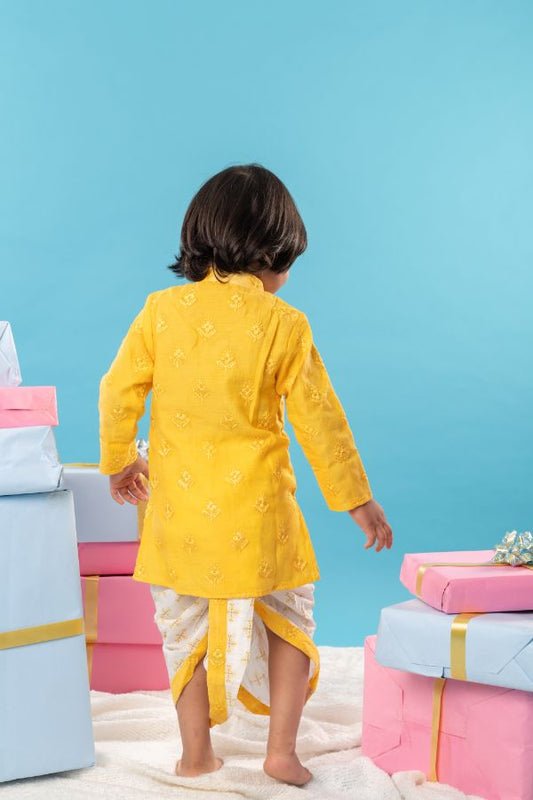 Yellow Embroidered Kurta with pure cotton dhoti - Kirti Agarwal