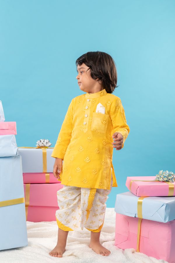 Yellow Embroidered Kurta with pure cotton dhoti - Kirti Agarwal