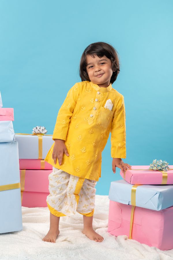 Yellow Embroidered Kurta with pure cotton dhoti - Kirti Agarwal