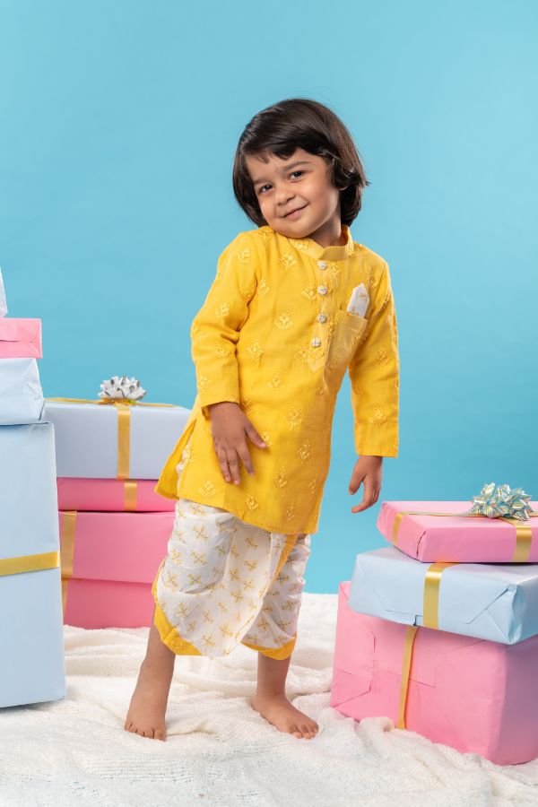 Yellow Embroidered Kurta with pure cotton dhoti - Kirti Agarwal