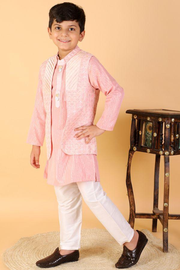 Zari Striped Peach Kurta With Open Embroidered Jacket And Pyjama - Kirti Agarwal