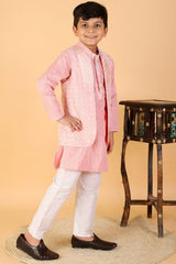 Zari Striped Peach Kurta With Open Embroidered Jacket And Pyjama - Kirti Agarwal